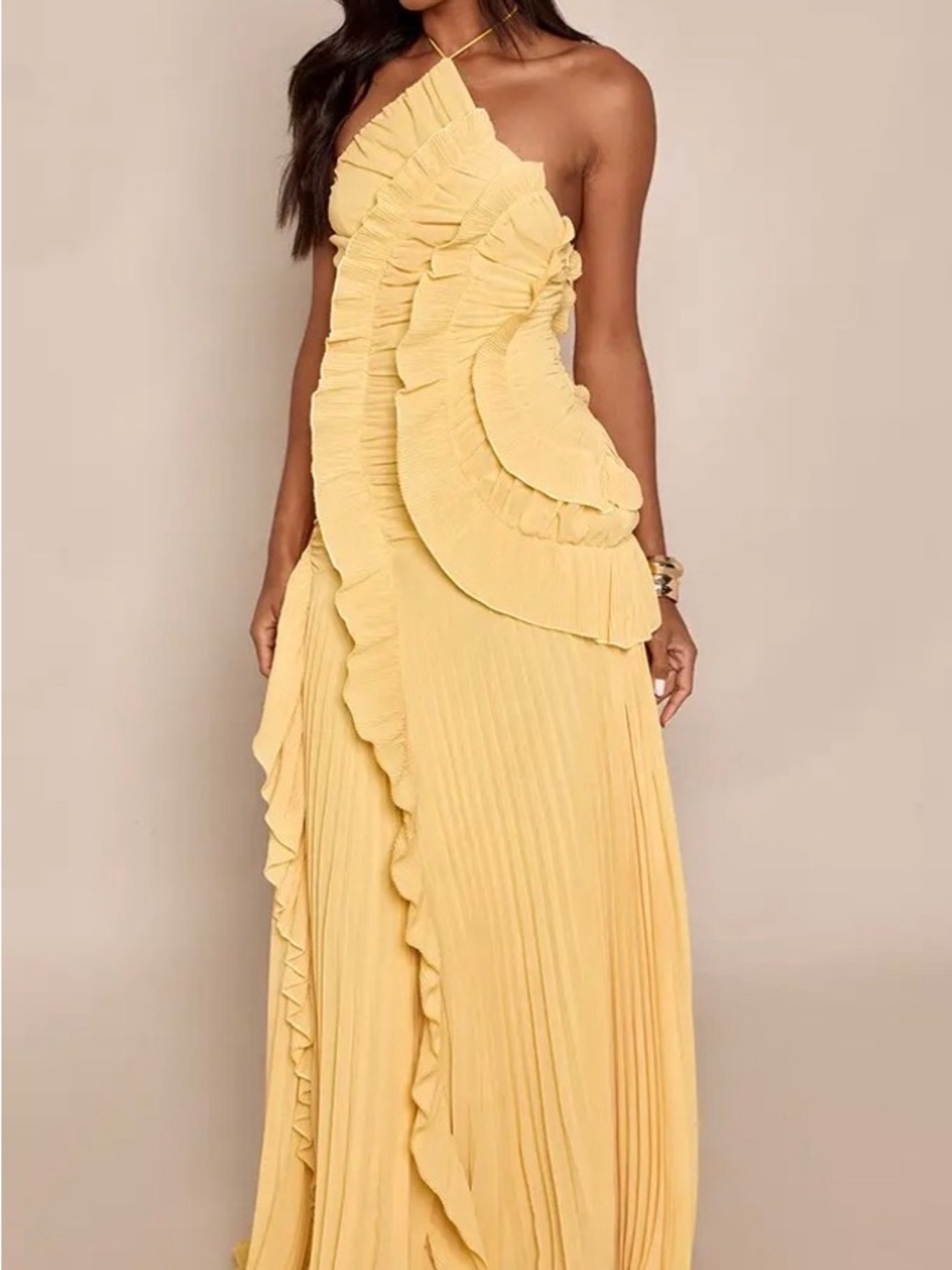 PrettyLittleThing Yellow One-Shoulder Ruffle Maxi Dress